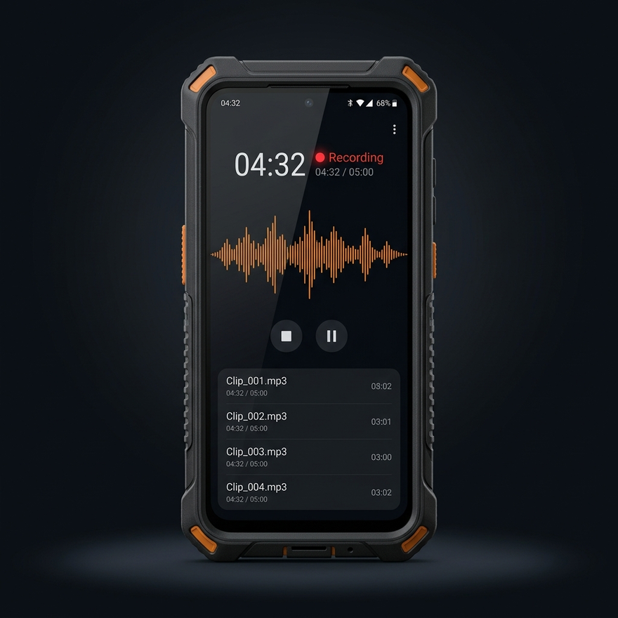 BuildWalk on a rugged phone — voice recording with live waveform