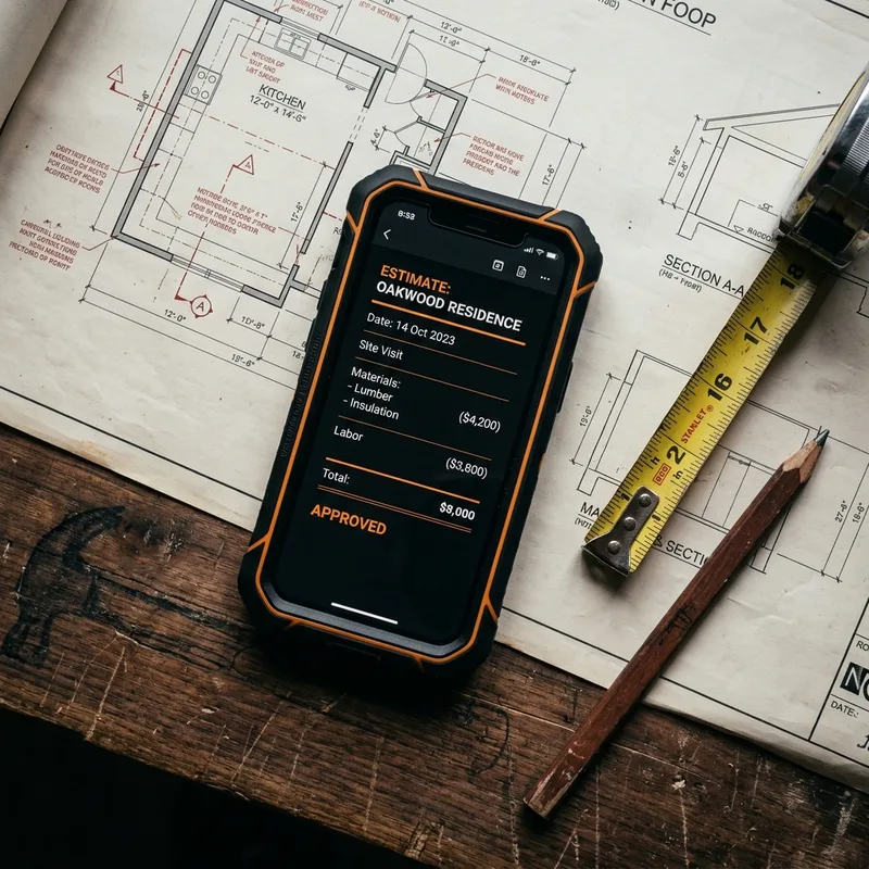 Phone with a finished estimate lying on construction blueprints