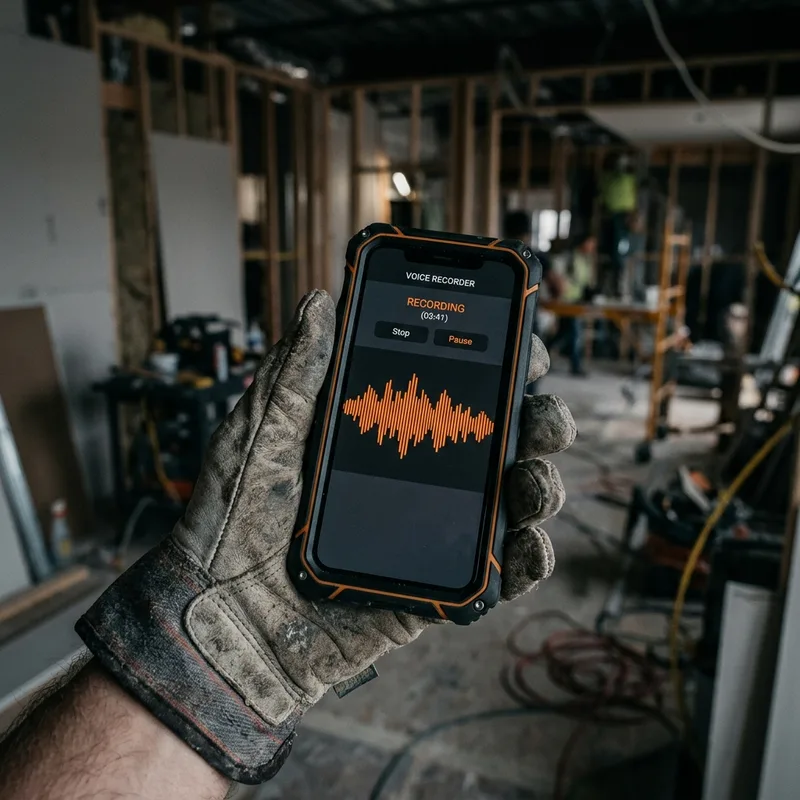 Contractor in work gloves recording a site walkthrough on a rugged phone